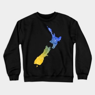 Colorful mandala art map of New Zealand with text in blue and yellow Crewneck Sweatshirt